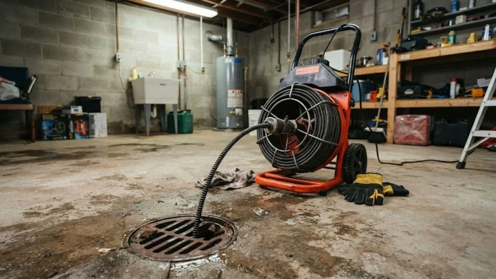 Drain cleaning machine with its cable running into a floor drain in a garage