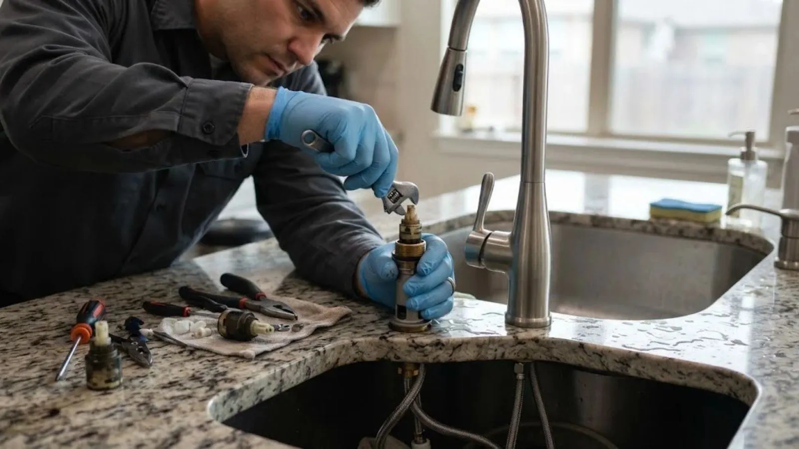 Plumber in blue gloves replacing a cartridge in a kitchen faucet