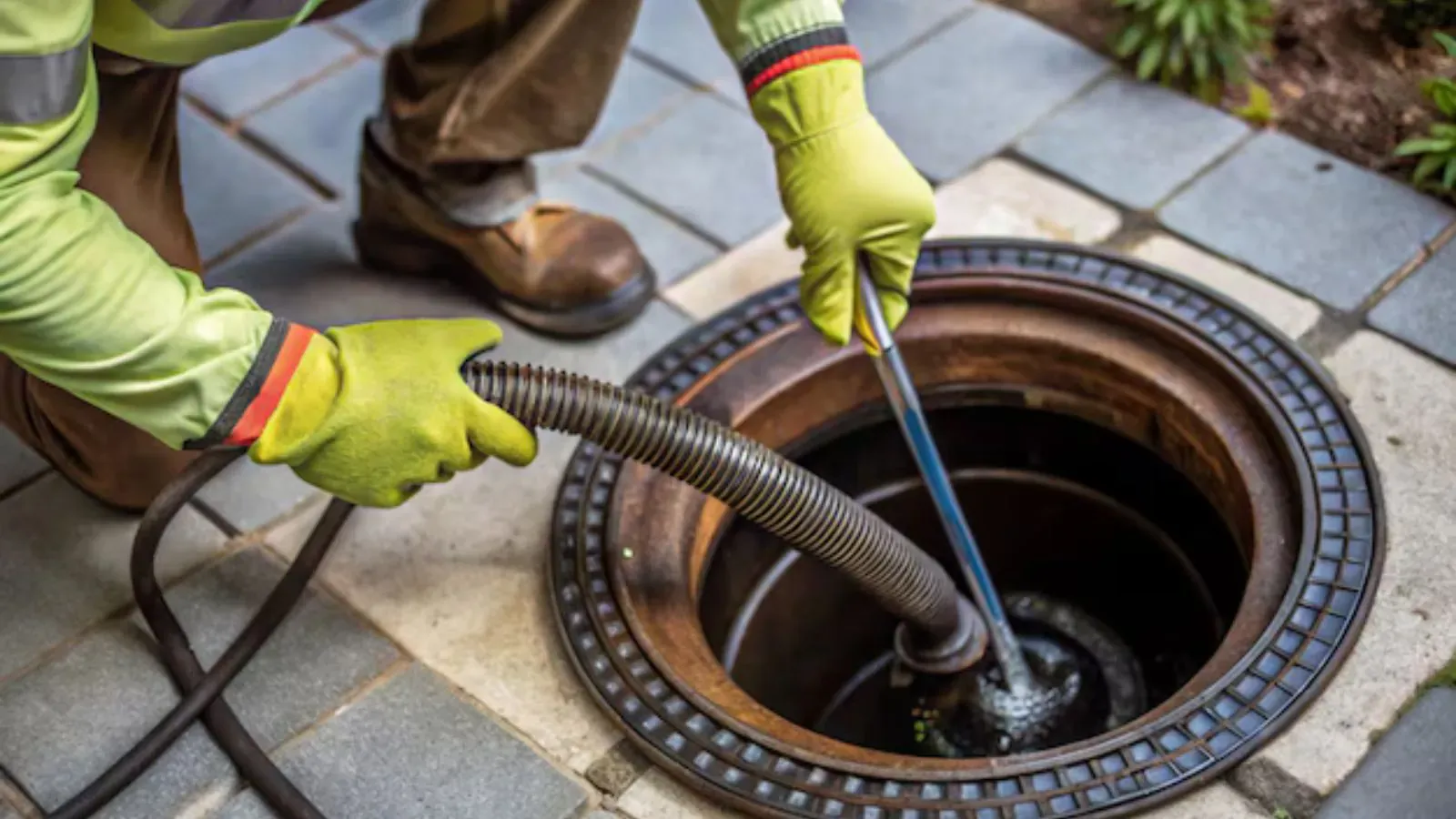Worker in gloves lowering a hydro jetting hose into an in-ground drain access