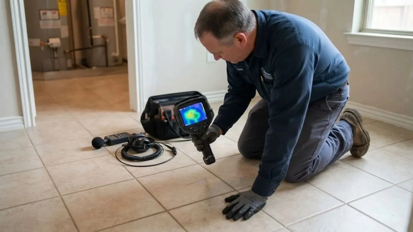 Technician kneeling on a tile floor aiming a thermal imaging camera at the floor beside a bag of detection equipment