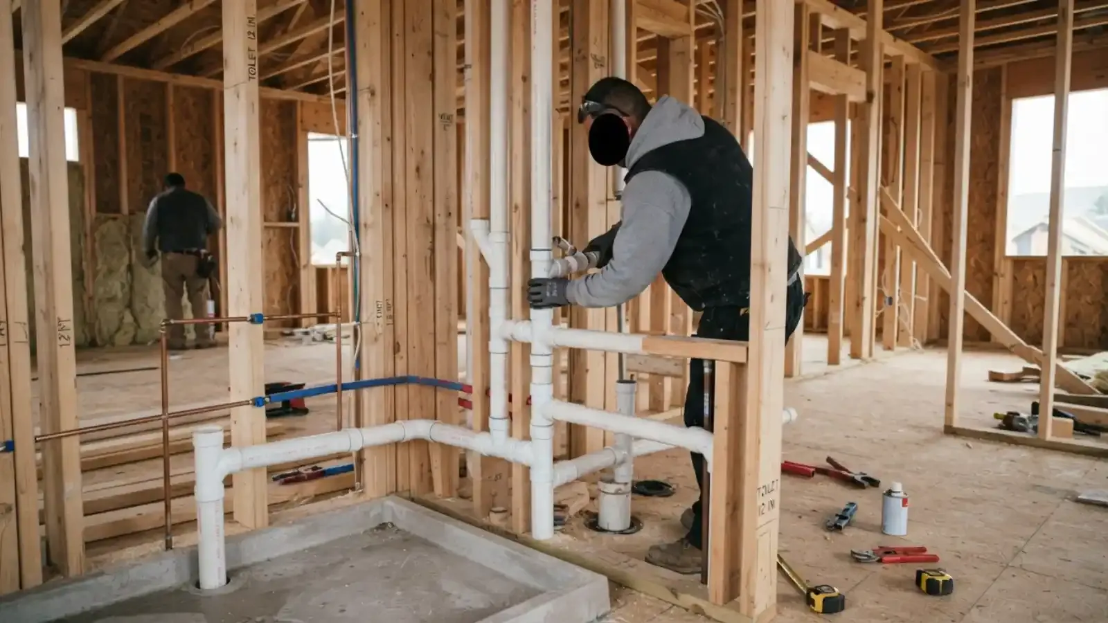Plumber installing drain and supply piping in framed walls of a new build