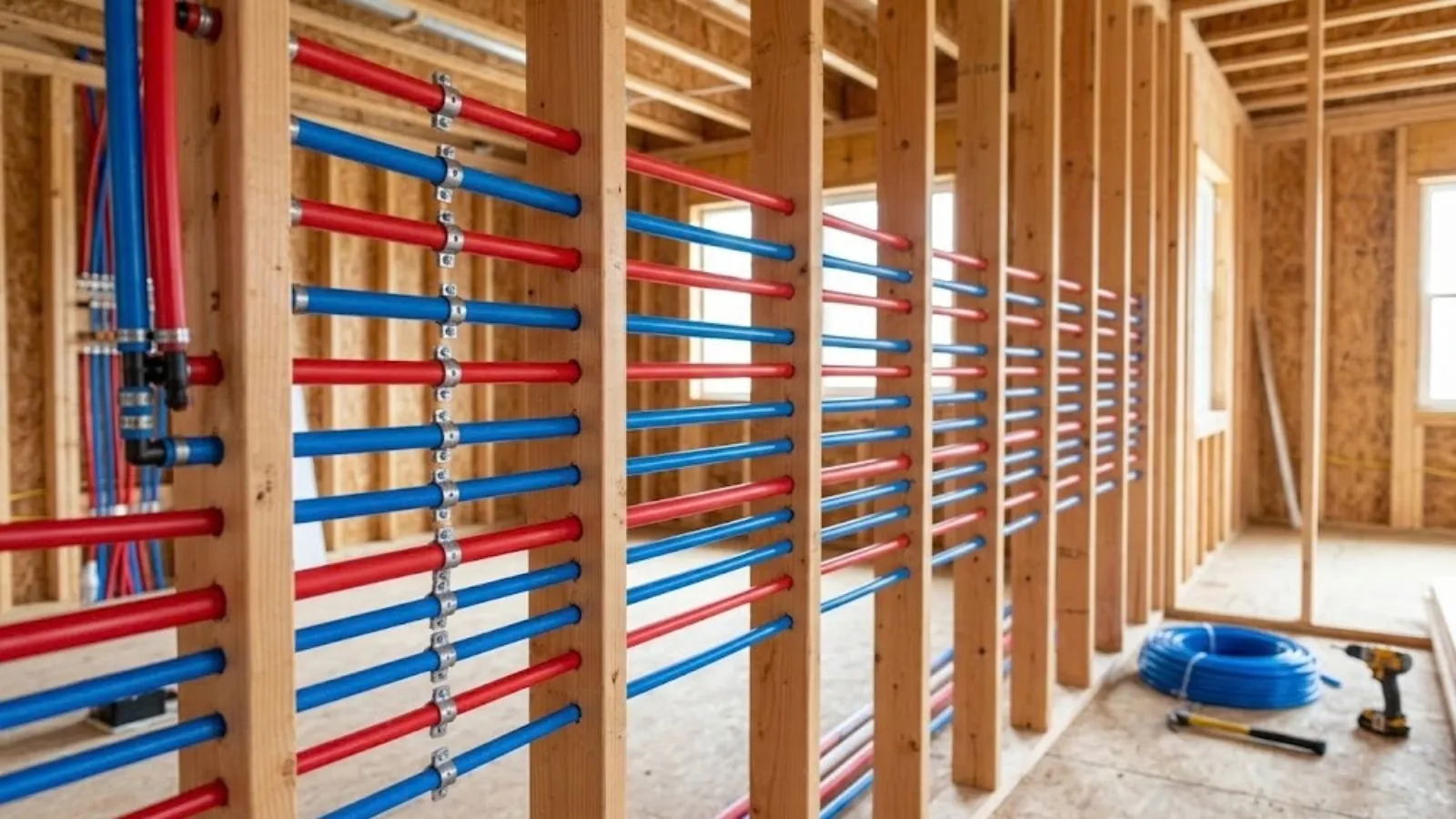 Wall framing with new red and blue PEX supply lines run between studs