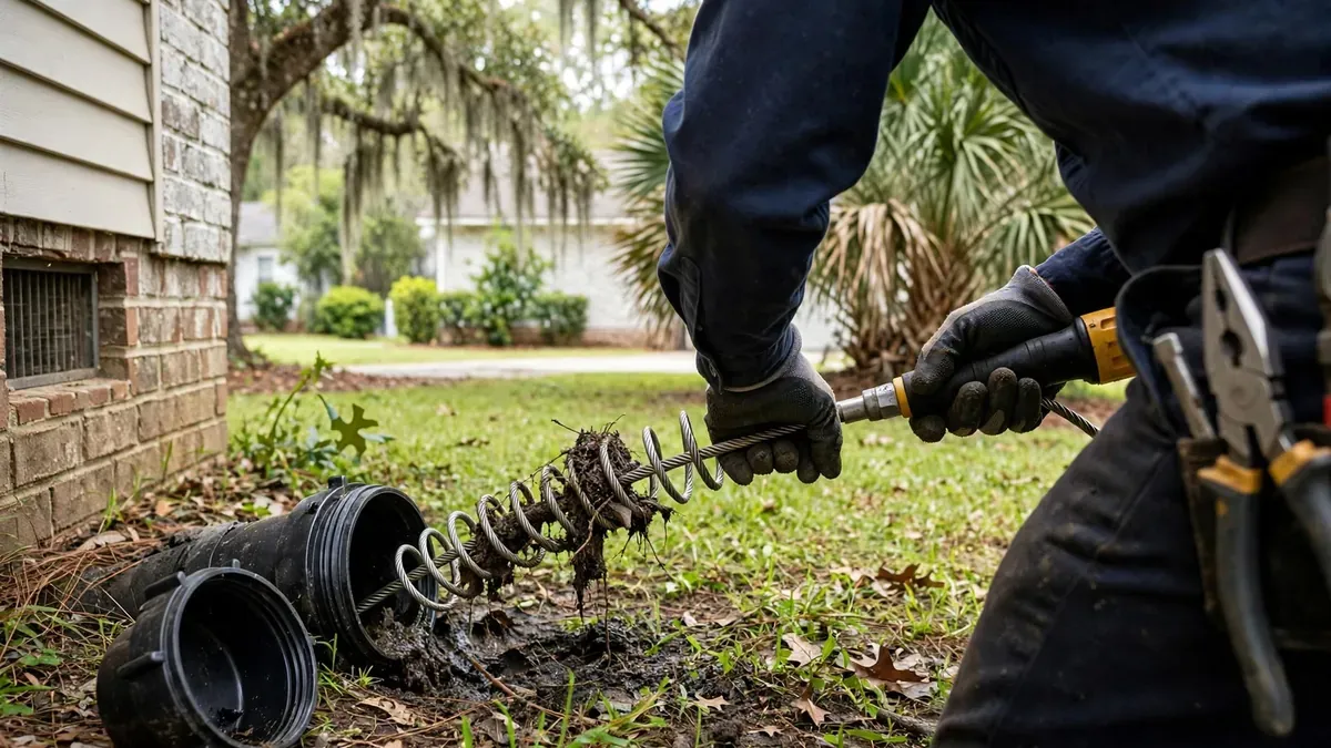 Technician in gloves working a drain auger at an outdoor cleanout beside a house