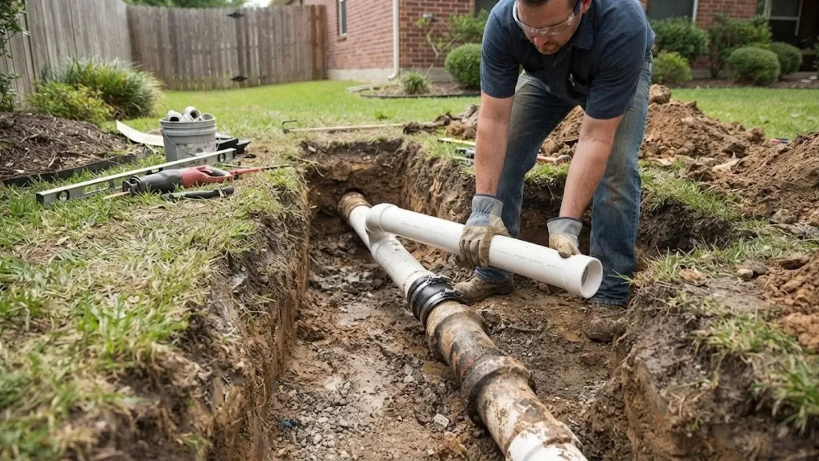 Plumber working on exposed sewer pipe in a dug trench in a residential yard