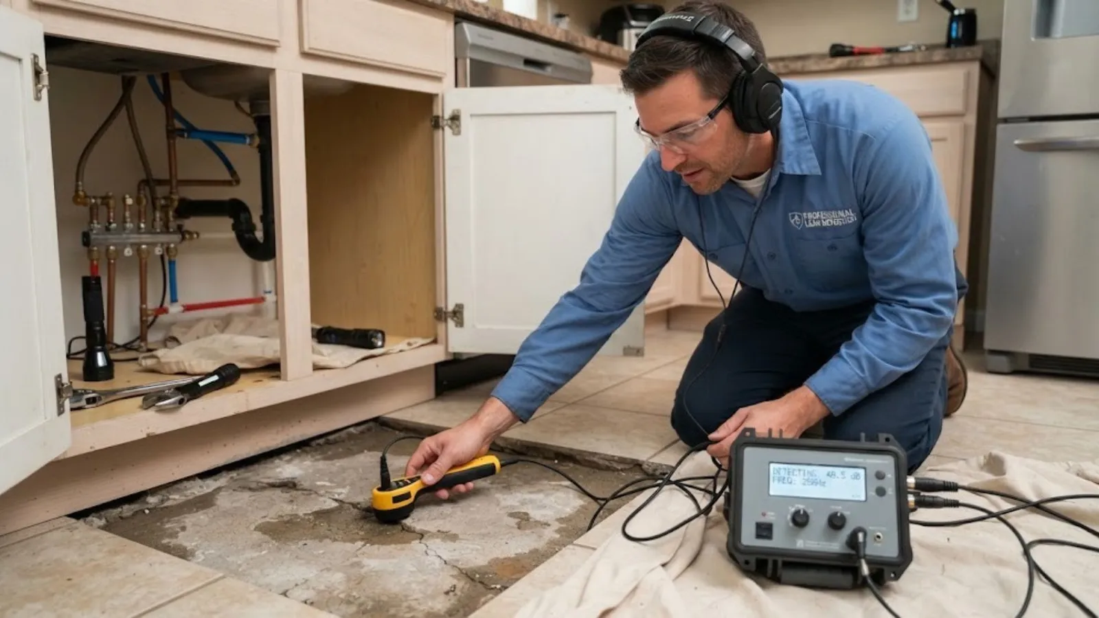 Technician wearing headphones using electronic listening equipment at an opened section of floor beside kitchen cabinets