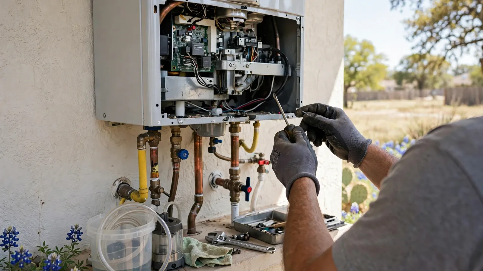 Technician servicing the open panel of a wall-mounted tankless water heater