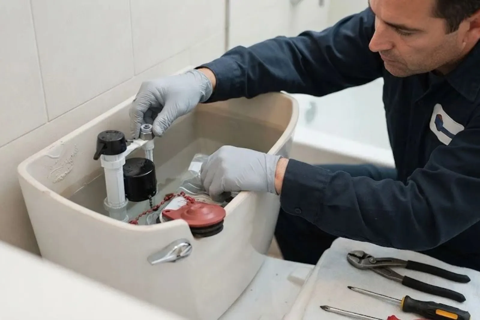 Plumber adjusting the fill valve inside an open toilet tank