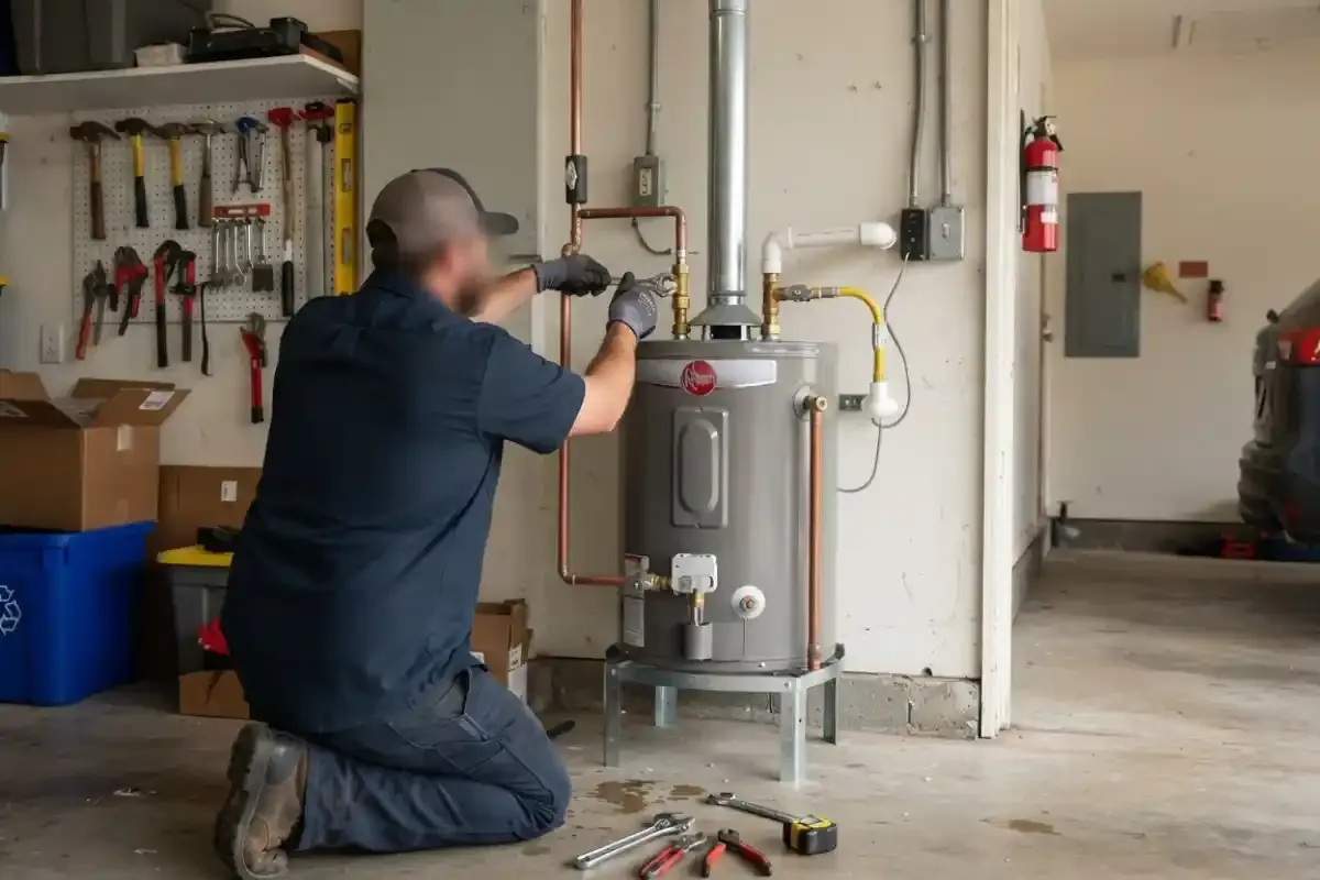 Technician installing a tank water heater in a utility room