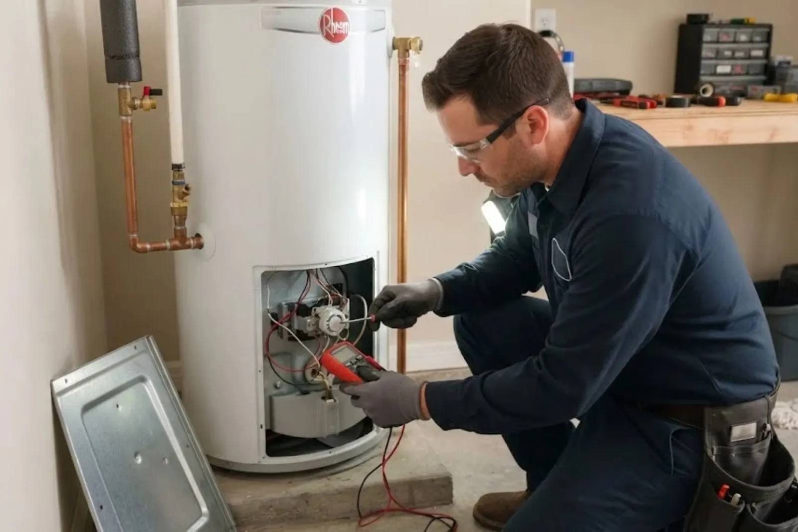 Technician testing the electrical connections of a tank water heater with a meter