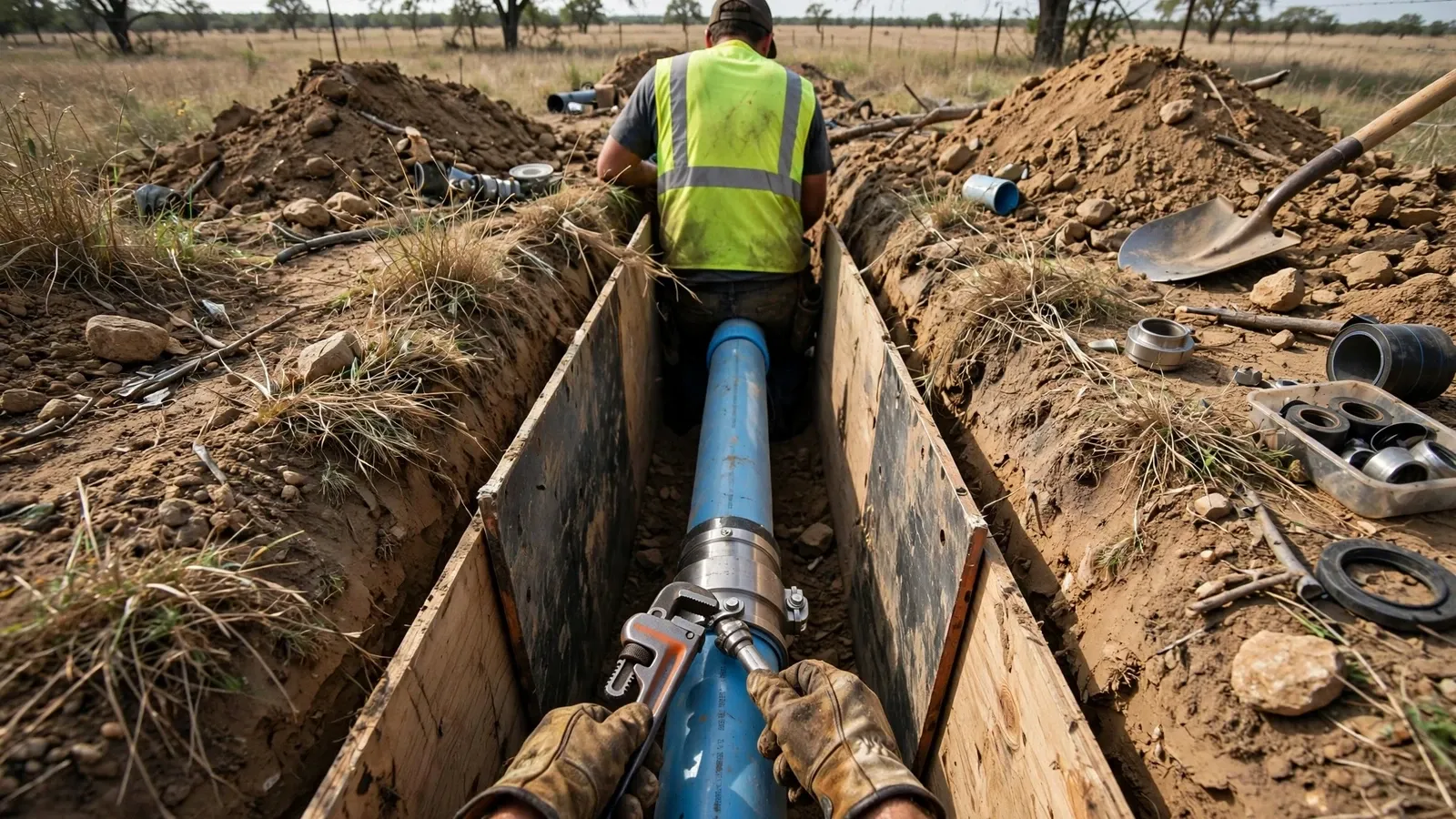 Worker in a high-visibility vest in a trench beside a blue water supply pipe
