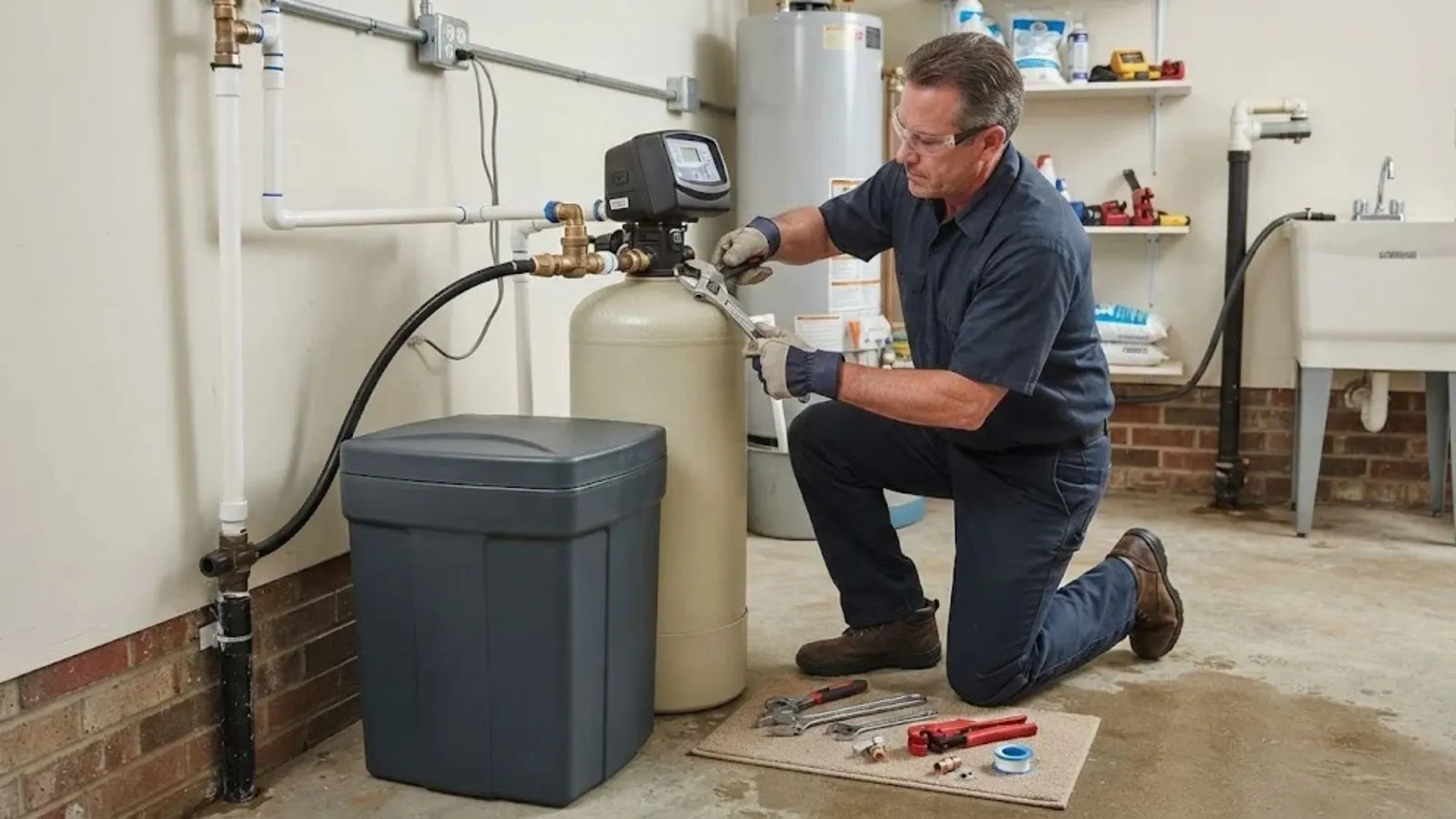 Technician kneeling at a water softener and brine tank in a garage